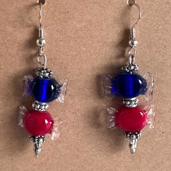 Red and Blue Lampwork .925 Sterling Earrings #317 - Picture 6 of 6
